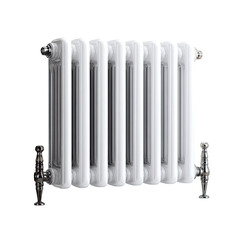White, ornate cast-iron radiator with chrome valves, on a dark background