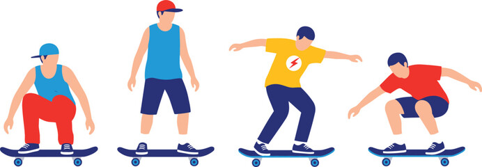 Skateboarder action pose set with diverse characters performing tricks and balance maneuvers for urban extreme sports vector © NURUL
