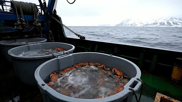Freshly caught snow crabs circulating in chilled seawater tanks aboard a commercial fishing vessel operating near remote arctic mountains
