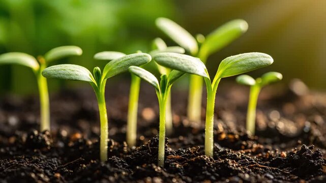 Fresh Seedlings Emerging from Dark Soil - This video features vibrant green seedlings sprouting from rich, dark soil, illuminated by soft sunlight.