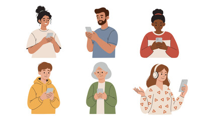 Characters with mobile smart phones set. People holding smartphones. Men, women using cell devices, cellphones in hands, reading, surfing online. Flat vector illustrations isolated on white background