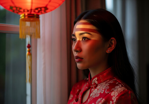 Young Asian woman in traditional dress. Portrait of a lady with red lantern lighting.