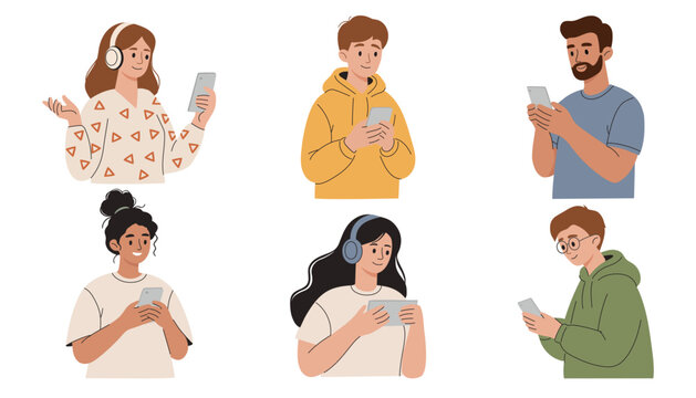 Characters with mobile smart phones set. People holding smartphones. Men, women using cell devices, cellphones in hands, reading, surfing online. Flat vector illustrations isolated on white background