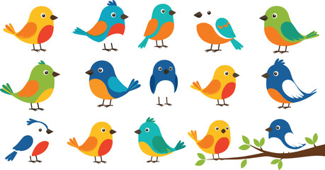 Large Set of Cute Colorful Bird Characters in Various Poses and Colors for Childrens Educational Books Nursery Decor and Nature Themed Graphic Designs