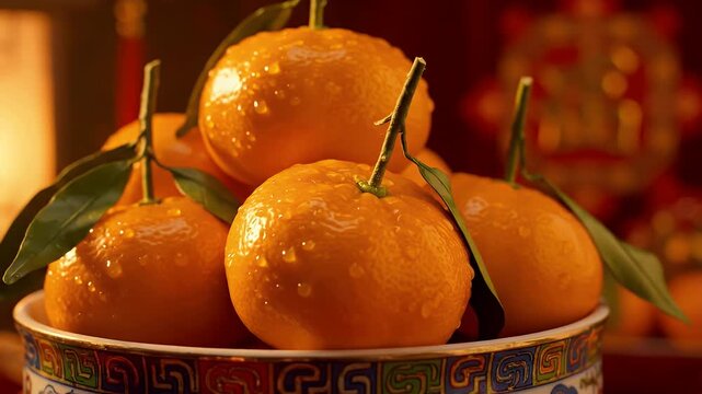Vibrant Glossy Mandarin Oranges in Traditional Ceramic Bowl with Warm Golden Light for Chinese New Year