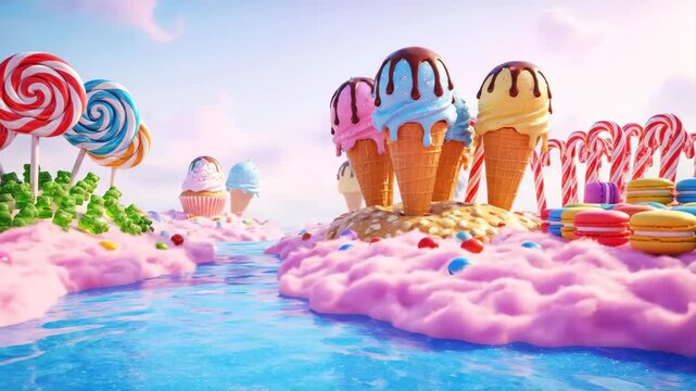 Fantasy Candyland Landscape - A whimsical and colorful landscape resembling a candy paradise, featuring oversized ice cream cones, giant lollipops, and candy-coated hills.