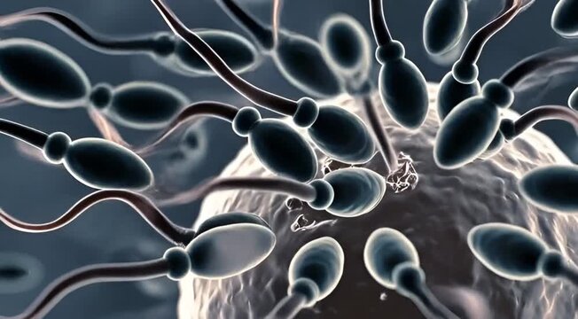 Sperm cells swimming towards the egg in a reproductive biology scene from a microscopic viewpoint