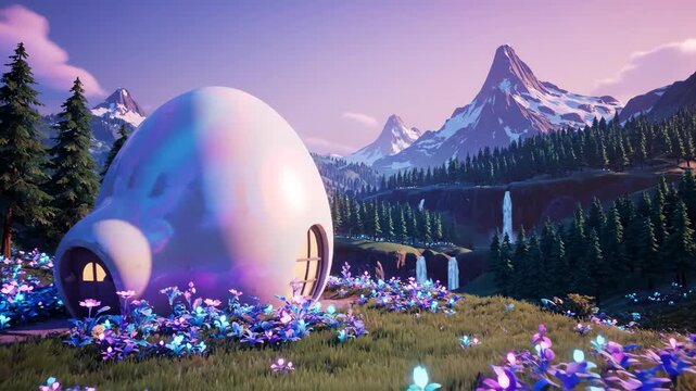 Enchanted Egg-Shaped House in Scenic Mountain Landscape - This captivating video features a whimsical egg-shaped house nestled among vibrant flowers in a serene landscape.