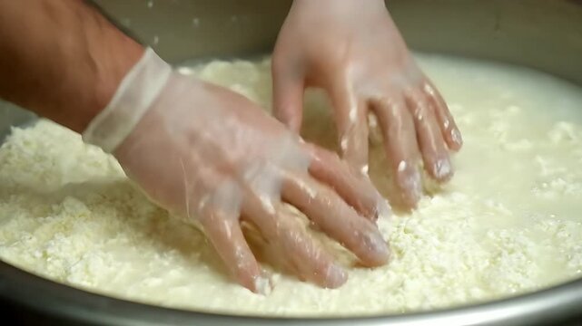 Close-up view of gloved hands manually mixing freshly formed white cheese curds submerged in pale liquid within a large stainless steel production vat.