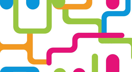 Fototapeta premium A colorful vector illustration featuring a stylized logo and decorative background with interconnected lines and shapes in pink, green, blue, and orange hues.