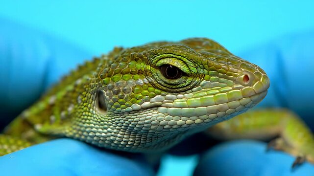Close-up macro photograph revealing the intricate scale detail and vibrant emerald green coloring of a small lizard held gently by a gloved hand.