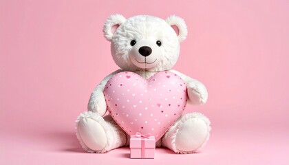 Romantic teddy bear with heart and gift box