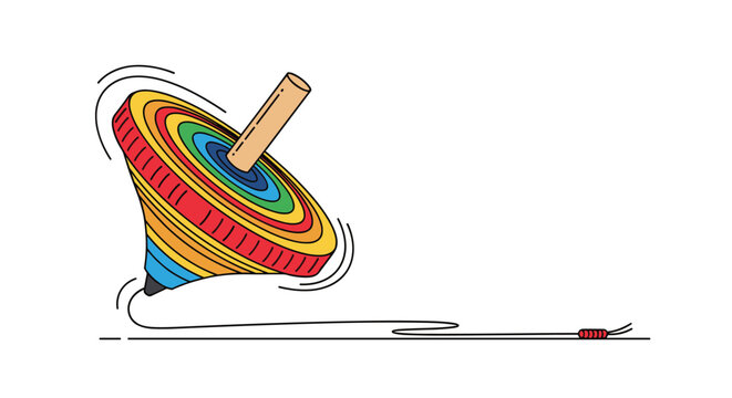 Traditional wooden spinning top toy with colorful rainbow rings and string on ground to represent childhood play and fun.