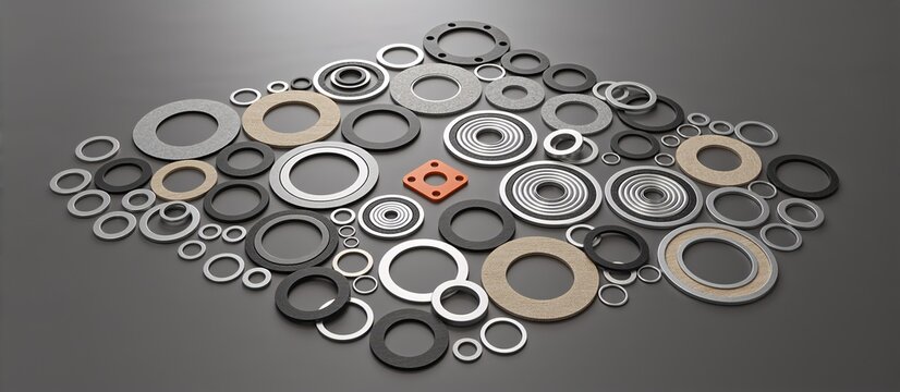 Assortment of industrial gaskets and seals on a dark background. Flat lay of mechanical parts including O-rings and flange gaskets. Engineering and maintenance components