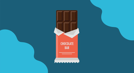 Dark chocolate bar partially unwrapped from its red and white paper packaging on a bright blue background.
