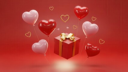 Red gift box with pink and red heart balloons and gold hearts gold ribbon valentine day