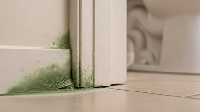 Mold growth spreading on bathroom door frame near floor corner with green fungus and moisture damage on baseboard in damp interior home environment hygiene problem