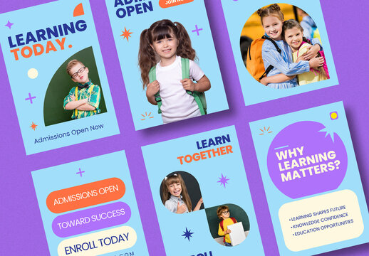 Education Social Media Post Design Set for School Admissions, Learning Programs and Student Promotion