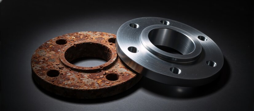 Comparison of a rusted metal flange and a new machined steel flange. Industrial part replacement and maintenance concept. Old vs new still life on dark background
