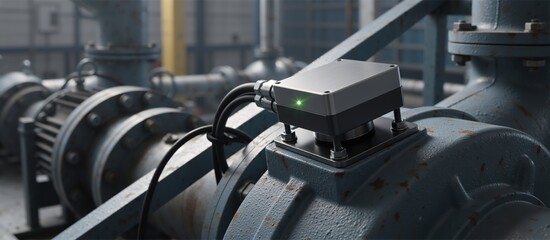 Industrial vibration sensor with a green light on a water pump motor. Smart factory equipment for predictive maintenance and IIoT data analysis