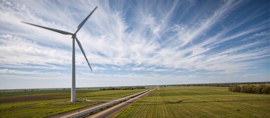 A wind turbine generating renewable power in a vast rural landscape. Sustainable energy technology and infrastructure in the countryside under a blue sky