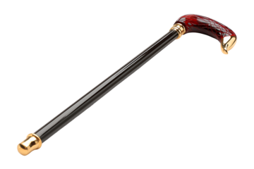 Elegant walking cane with red handle isolated on transparent background