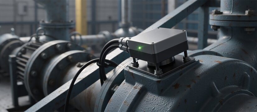 Industrial vibration sensor with a green light on a water pump motor. Smart factory equipment for predictive maintenance and IIoT data analysis