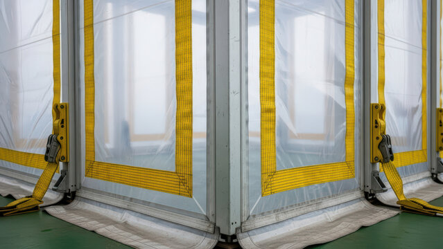 Flexible transparent industrial plastic wall panels with yellow reinforced seams and floor anchors forming clean partition in factory workshop or warehouse interior