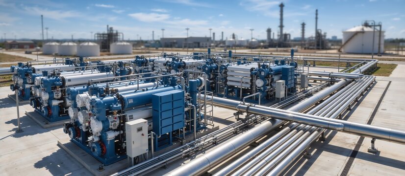 Industrial water treatment plant with reverse osmosis skids. Modern machinery and steel pipelines at a petrochemical refinery complex
