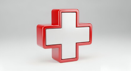 Fototapeta premium Red Medical Cross Symbol in Modern 3D Rendering with Bright Studio Lighting for Healthcare Branding