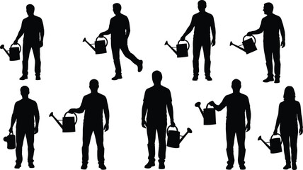 Gardening people silhouettes set isolated on white background, men and women holding watering cans for garden care landscaping hobby outdoor illustration design © Shahariar's World