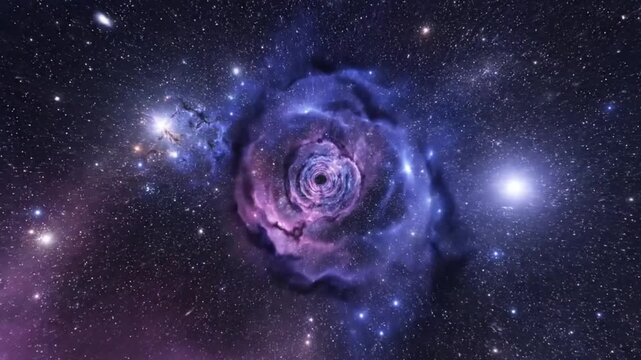Night sky tunnel fly-through with stars and misty clouds, smooth continuous forward movement, cosmic light glow, calm and cinematic atmosphere, perfect seamless loop.