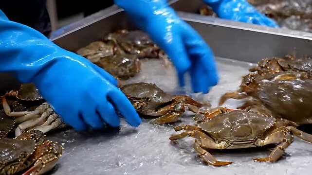 Worker wearing bright blue protective gloves carefully handles freshly caught live crabs on a wet stainless steel surface for seafood preparation and quality inspection