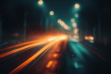 Car blurs speed on highway at night; streetlights bokeh background for travel