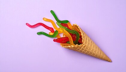 Candy worms spilling from a cone on violet background. Sweets for kids concept