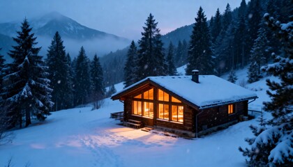 Wooden chalet with glowing windows in a snow-covered pine forest, mountain backdrop and falling snow at blue hour. Winter vacation, Christmas, hygge concept.