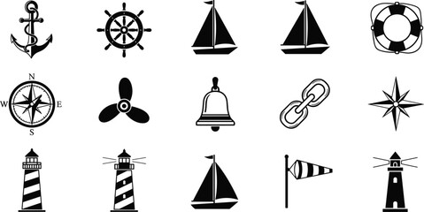 Nautical marine icons set isolated on white background, sailing navigation symbols including anchor compass lighthouse ship wheel for maritime ocean travel design illustration © Shahariar's World