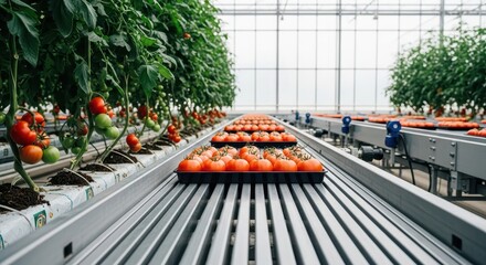 Fresh red tomatoes being transported on a conveyor system inside a modern agricultural greenhouse