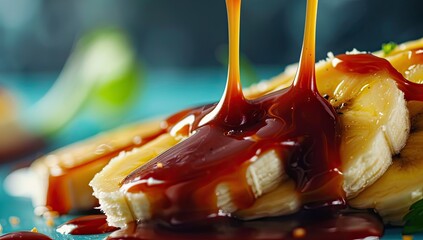 Caramel sauce cascading over sliced bananas, artfully arranged on a teal plate
