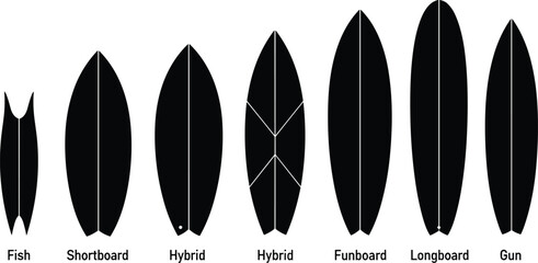 Surfboard shapes comparison silhouettes isolated on white background, fish shortboard hybrid funboard longboard gun designs for surfing equipment guide illustration
