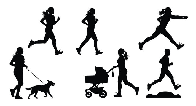 Women running and jogging with dog and stroller silhouette