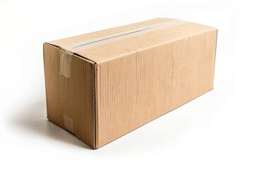 Cardboard box, rectangular, sealed with tape, on a white background, lit from top, angled view