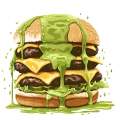 Cartoon burger, tall with multiple patties, cheese, lettuce, sesame seeds, and green sauce spilling