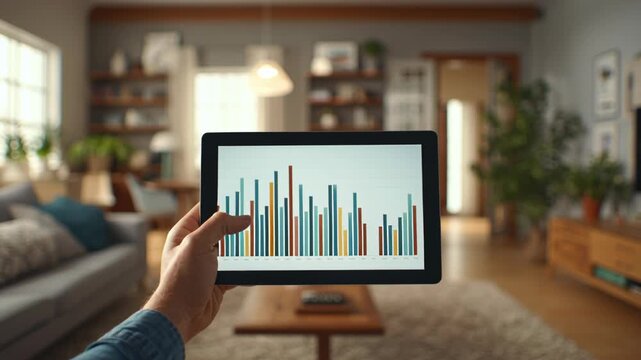 Simple finance lifestyle concept digital device tablet showing colorful bar chart graph living room