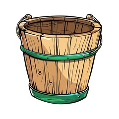 Cartoon illustration of a wooden bucket with a rope handle and green metal bands