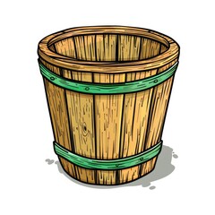 Cartoon illustration of a wooden bucket with a green band and shadow beneath