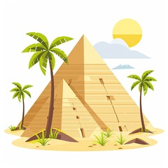 Cartoon pyramids with palm trees, desert sand, sun, clouds, and a simplified landscape