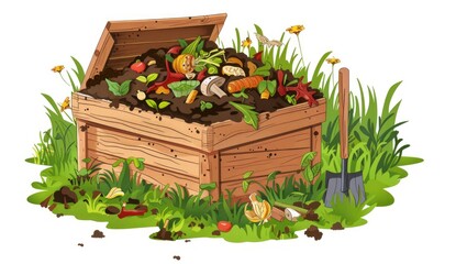 Cartoon illustration of a wooden compost bin overflowing with garden refuse amid green grass and flowers