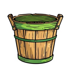 Cartoonish illustration of an old wooden bucket with green trim and handles on a white background