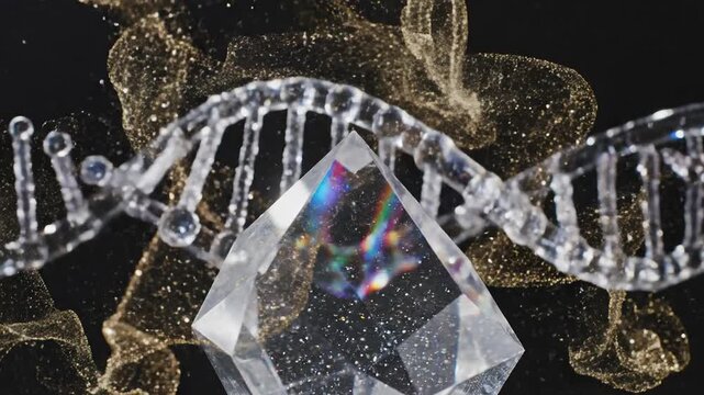 Abstract DNA helix with crystal and golden particles, science and technology concept